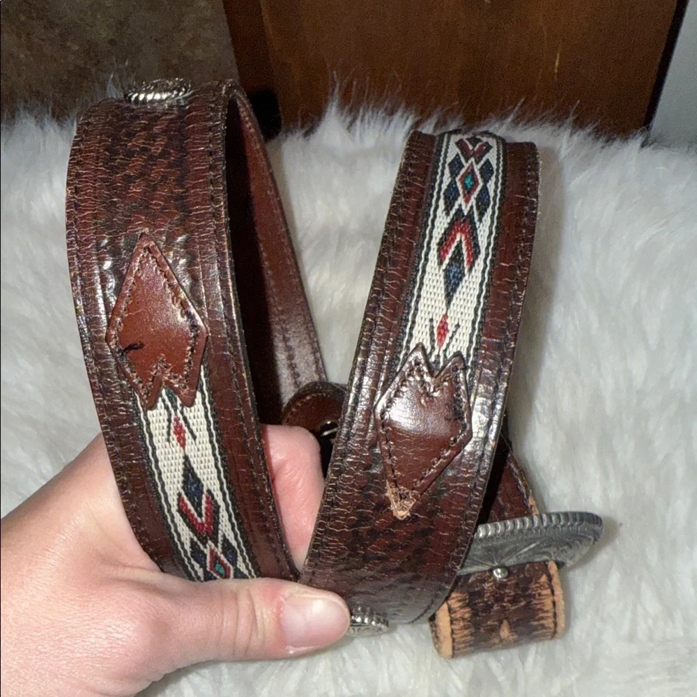 Brown leather western belt fabric metal concho embellishments distress worn 42
